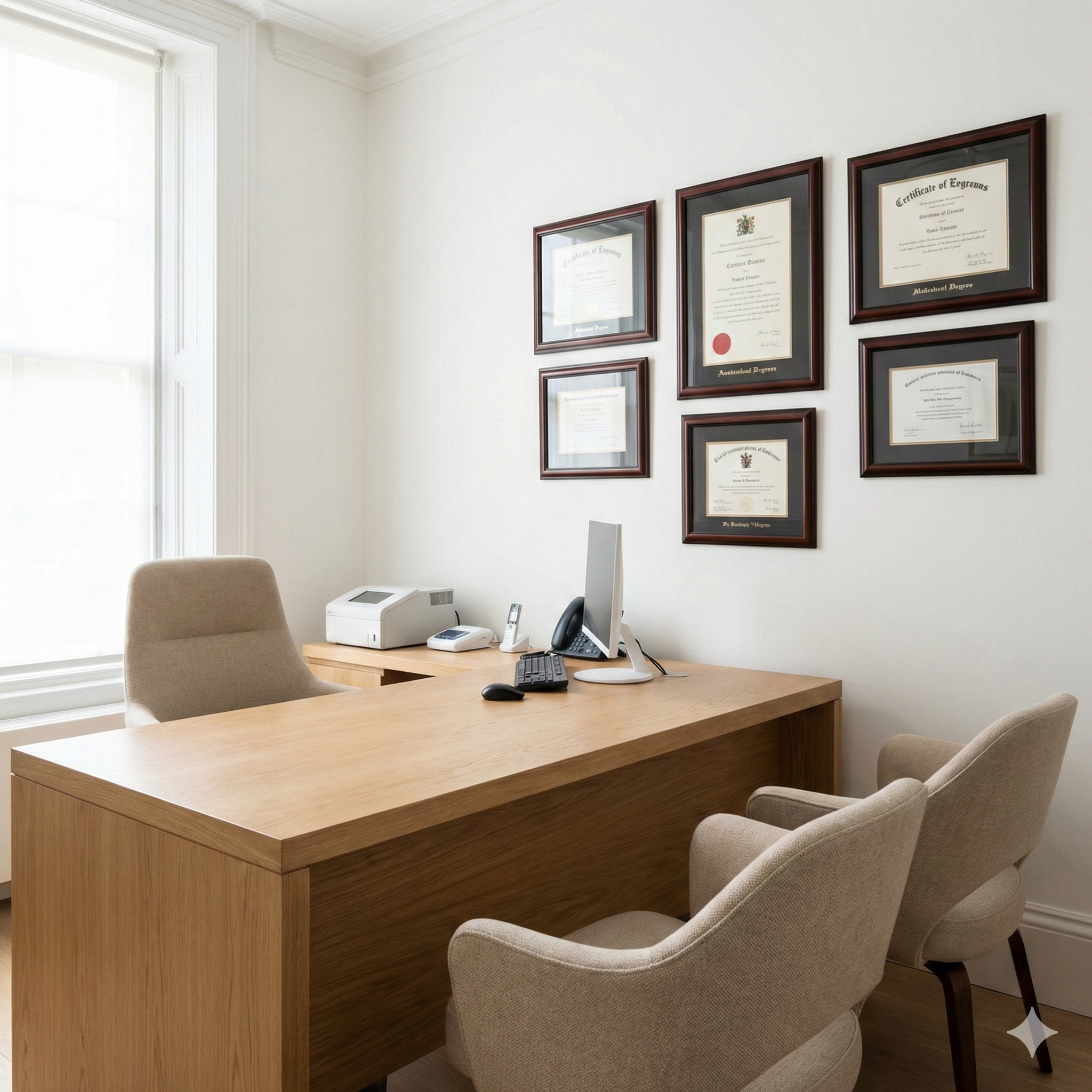 Private consultation office with natural light and credentials